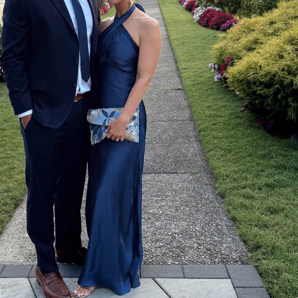 Lulus Canley Blue Satin Cross-Front Halter Maxi Dress